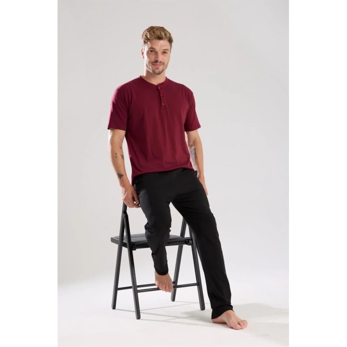 Moda Erkek Bordo Düğmeli Yaka Kısa Kol Pijama Takımı