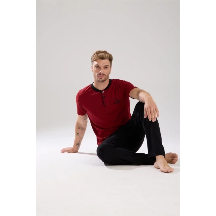 Moda Erkek Bordo Düğmeli Yaka Kısa Kol Pijama Takımı