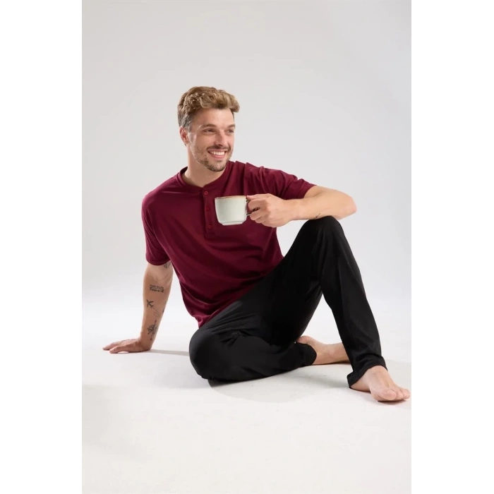 Moda Erkek Bordo Düğmeli Yaka Kısa Kol Pijama Takımı