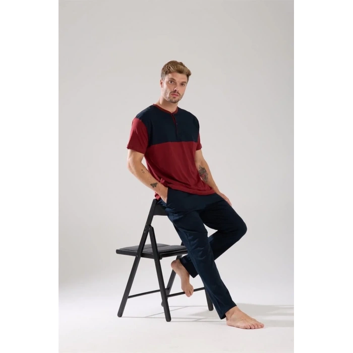 Moda Erkek Bordo Düğmeli Yaka Kısa Kol Pijama Takımı