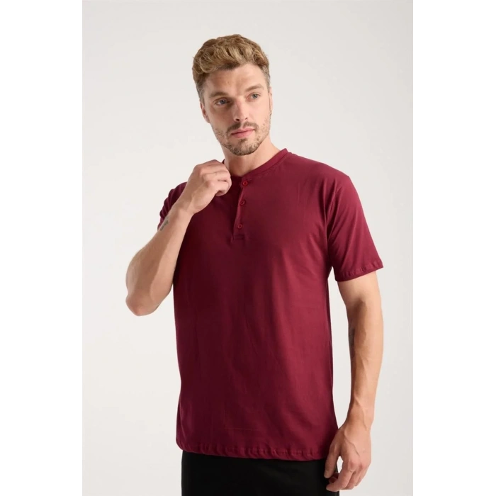 Moda Erkek Bordo Düğmeli Yaka Kısa Kol Pijama Takımı