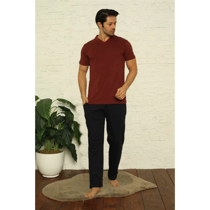 Moda Erkek Bordo V Yaka 3lü Pijama Takım