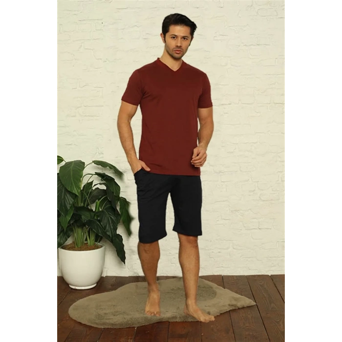 Moda Erkek Bordo V Yaka 3lü Pijama Takım