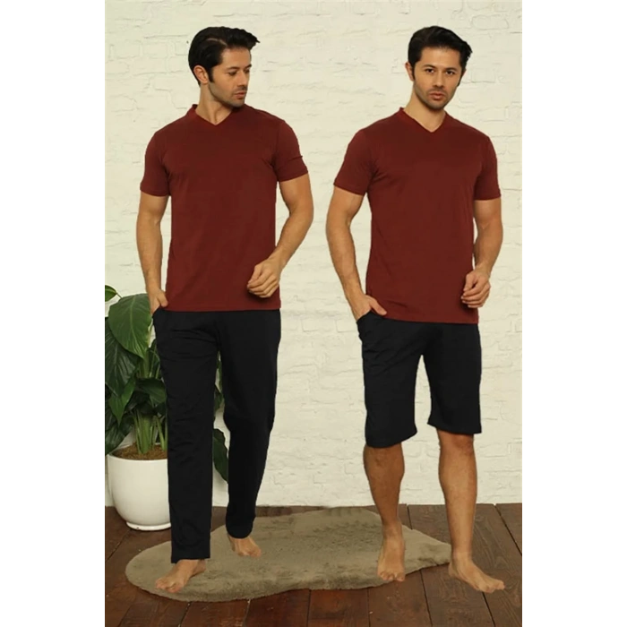 Moda Erkek Bordo V Yaka 3lü Pijama Takım