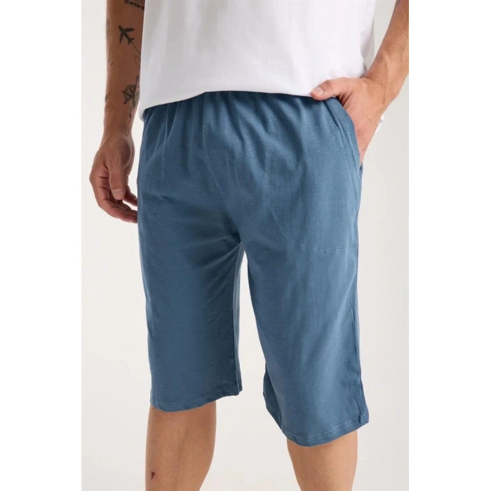 Moda Erkek Cepli Pamuk Penye Şort İndigo