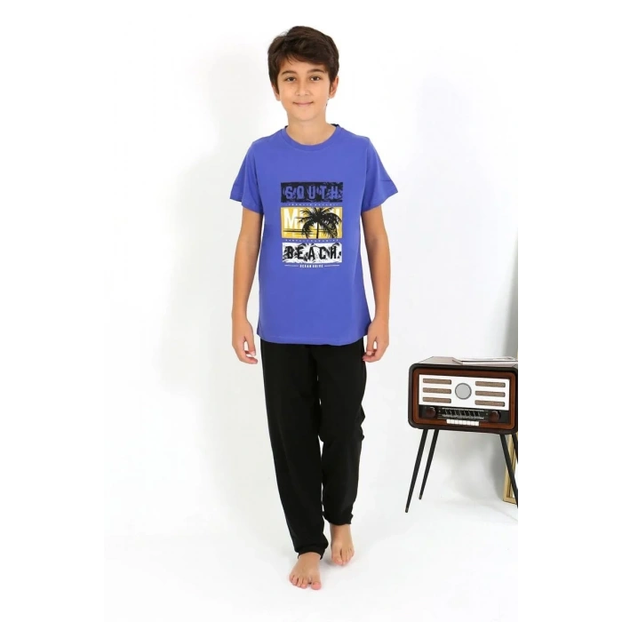 Moda Erkek Çocuk Kısa Kol Penye Pijama Takım Saks