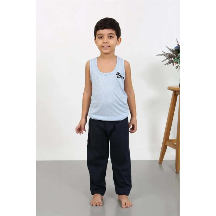 Moda Erkek Çocuk Sıfır Kol Penye Pijama Takım Mavi