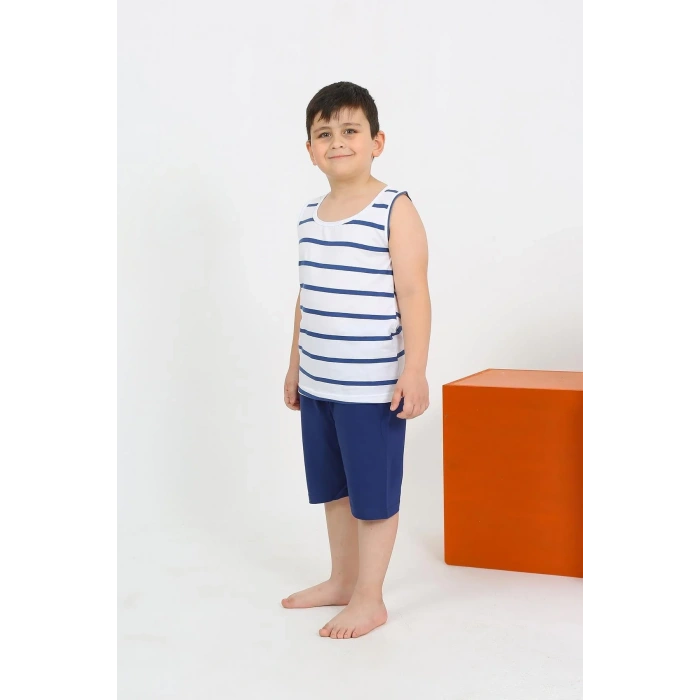 Moda Erkek Çocuk Sıfır Kol Şortlu Beyaz Penye Pijama Takımı