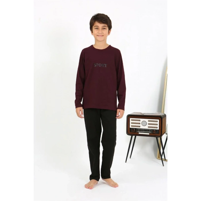 Moda Erkek Çocuk Uzun Kol Penye Pijama Takım Bordo