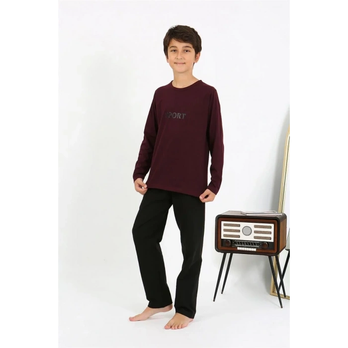 Moda Erkek Çocuk Uzun Kol Penye Pijama Takım Bordo