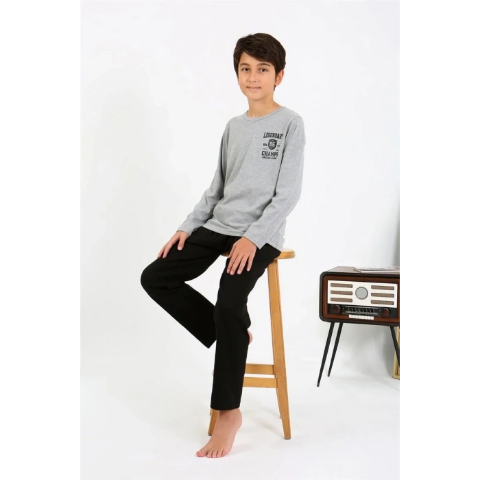 Moda Erkek Çocuk Uzun Kol Penye Pijama Takım Gri