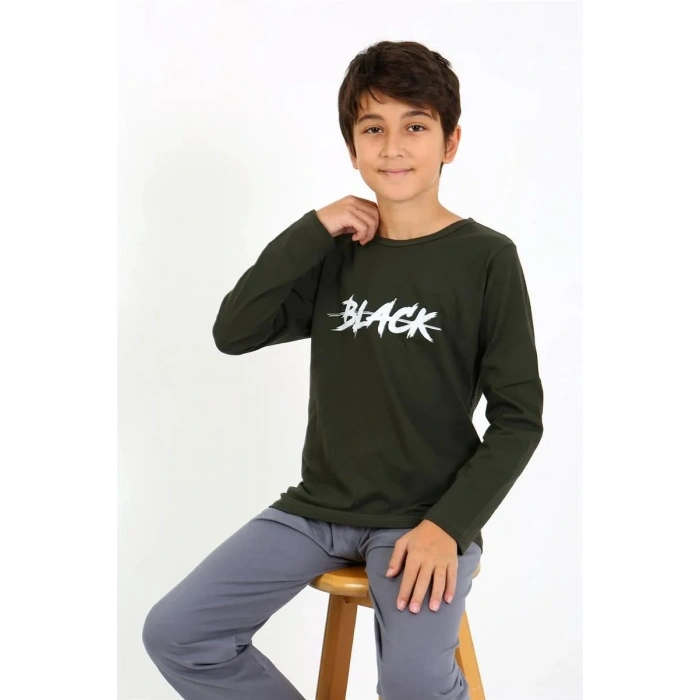 Moda Erkek Çocuk Uzun Kol Penye Pijama Takım Haki