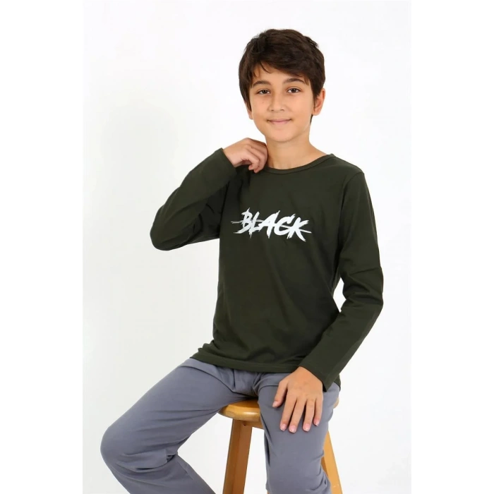 Moda Erkek Çocuk Uzun Kol Penye Pijama Takım Haki
