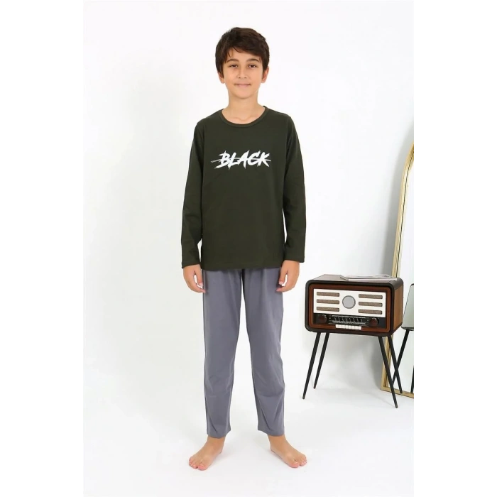 Moda Erkek Çocuk Uzun Kol Penye Pijama Takım Haki