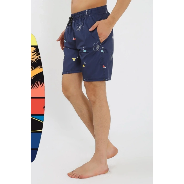 Moda Erkek Desenli Fermuar Cepli Deniz Şortu Lacivert