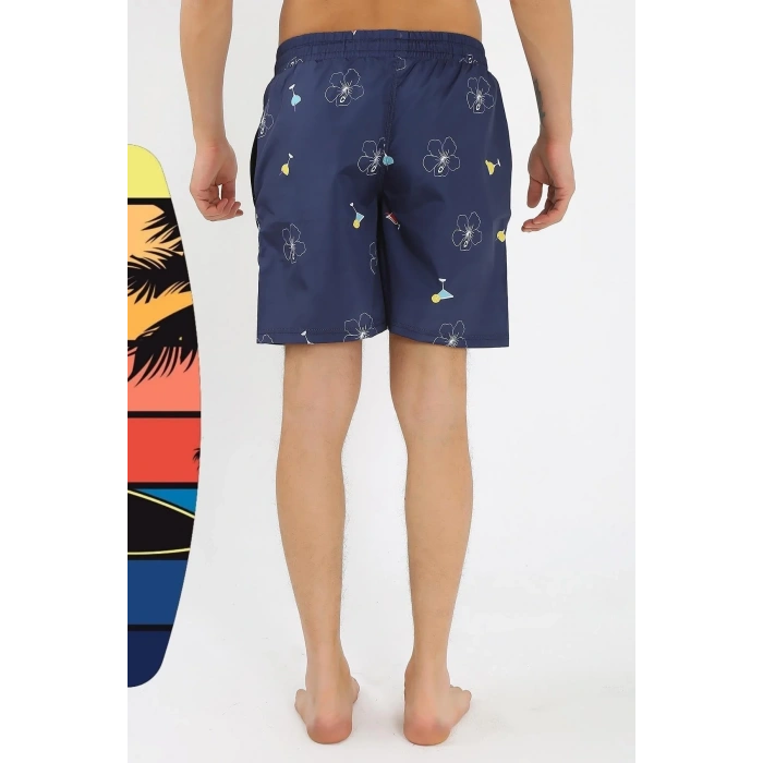 Moda Erkek Desenli Fermuar Cepli Deniz Şortu Lacivert