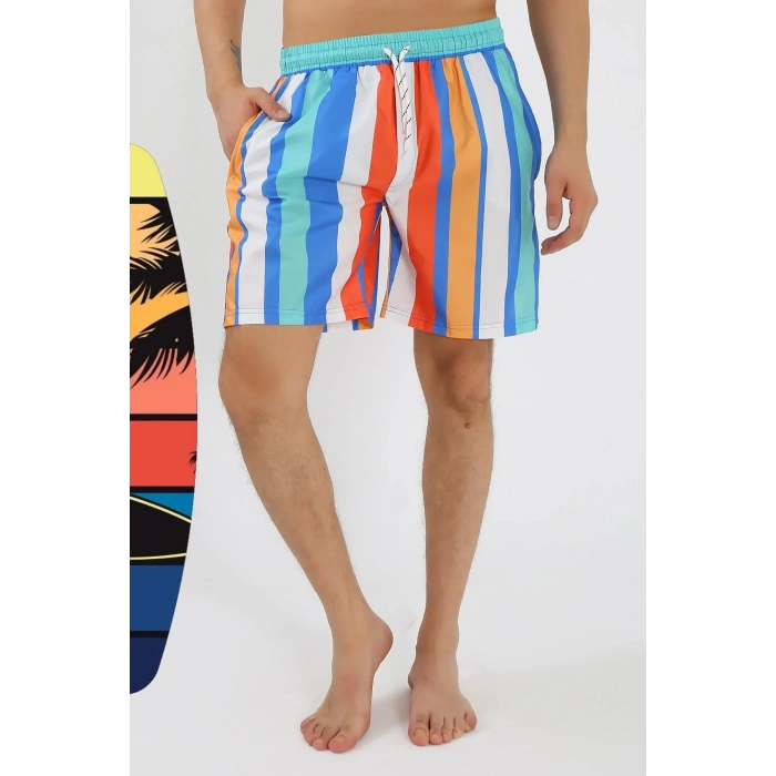 Moda Erkek Desenli Fermuar Cepli Deniz Şortu Mavi