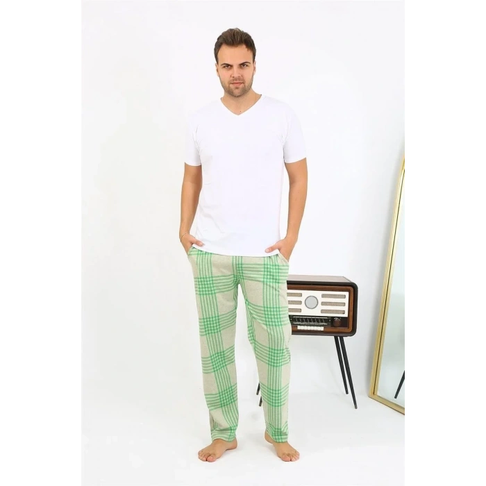 Moda Erkek Ekoseli Desen Penye Tek Alt Pijama Yeşil