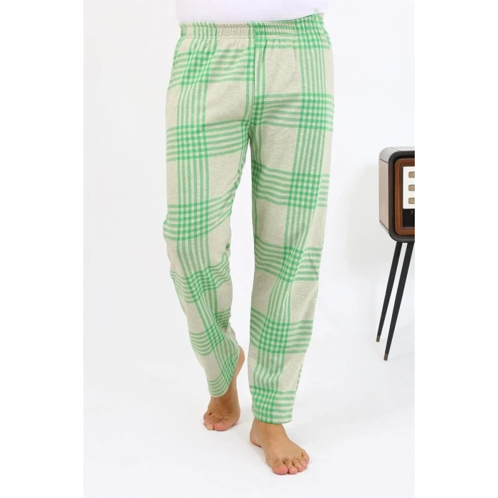 Moda Erkek Ekoseli Desen Penye Tek Alt Pijama Yeşil