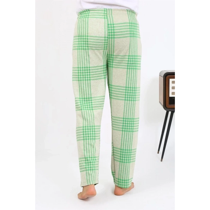 Moda Erkek Ekoseli Desen Penye Tek Alt Pijama Yeşil