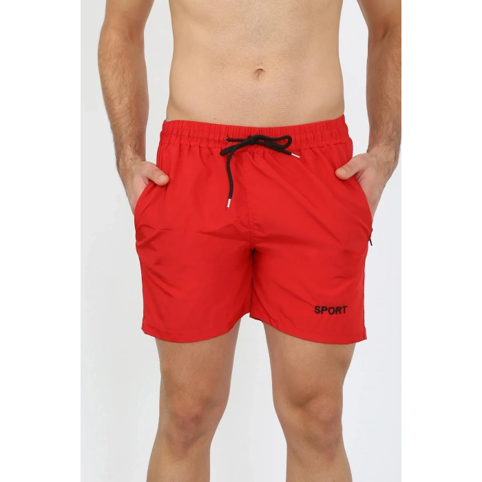 Moda Erkek Fermuar Cepli Deniz Şortu Kırmızı