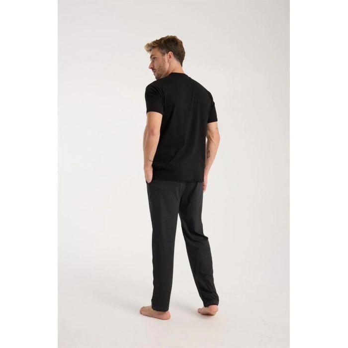 Moda Erkek Füme Düğmeli Yaka Kısa Kol Pijama Takımı