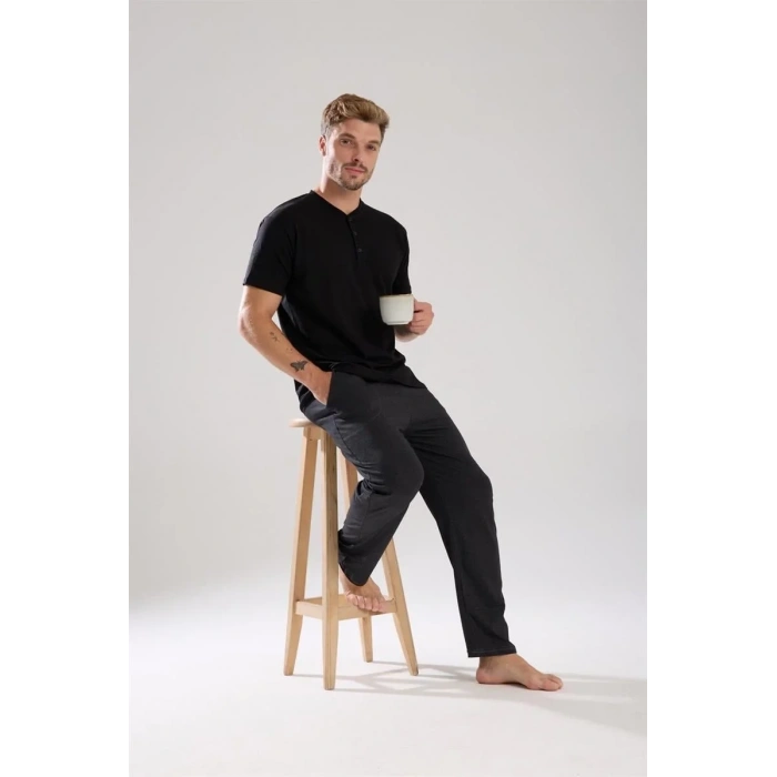 Moda Erkek Füme Düğmeli Yaka Kısa Kol Pijama Takımı