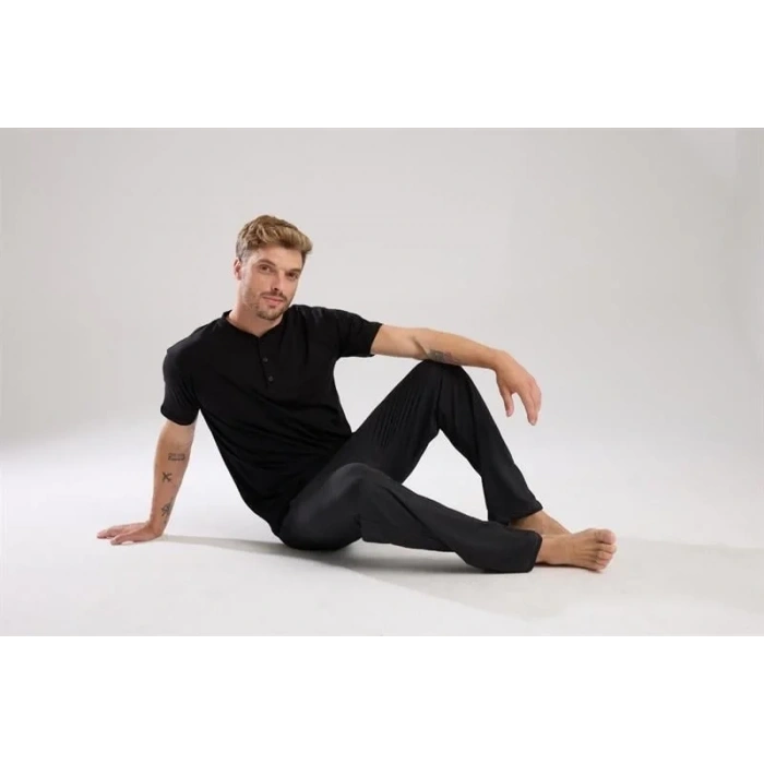 Moda Erkek Füme Düğmeli Yaka Kısa Kol Pijama Takımı