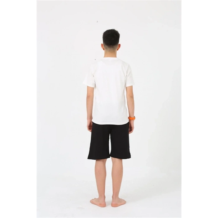 Moda Erkek Genç Garson Boy Kısa Kol Ekru Penye Şortlu Pijama Takımı