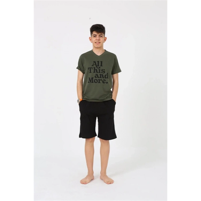 Moda Erkek Genç Garson Boy Kısa Kol Haki Penye Şortlu Pijama Takımı