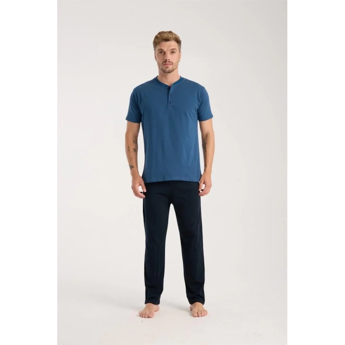 Moda Erkek İndigo Düğmeli Yaka Kısa Kol Pijama Takımı