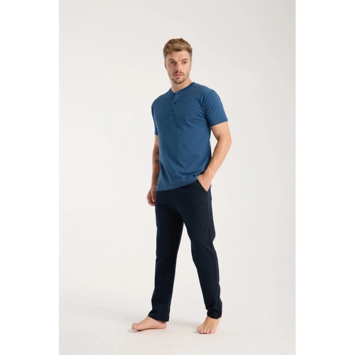 Moda Erkek İndigo Düğmeli Yaka Kısa Kol Pijama Takımı