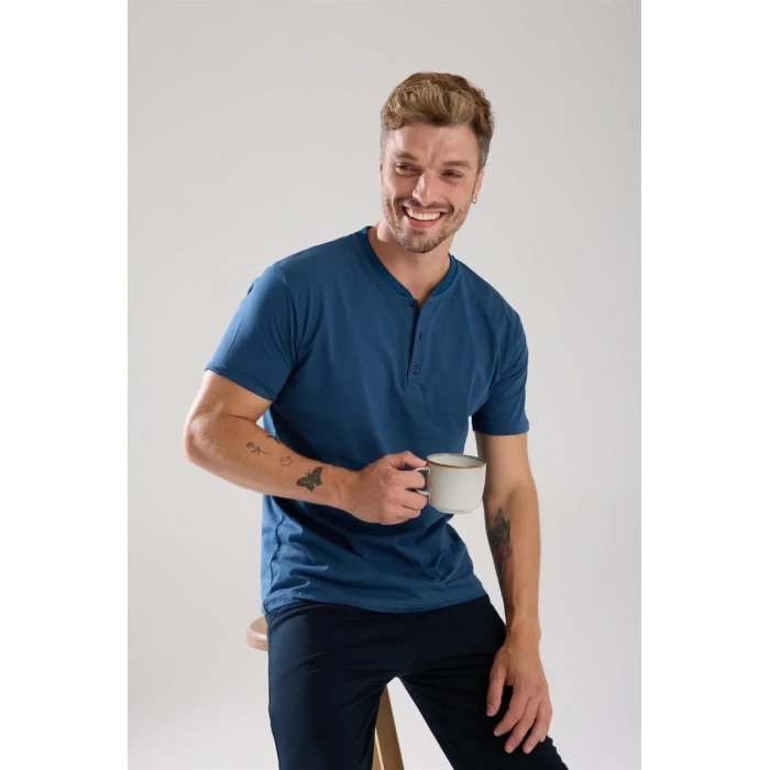 Moda Erkek İndigo Düğmeli Yaka Kısa Kol Pijama Takımı