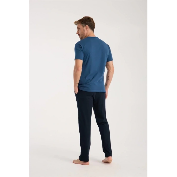 Moda Erkek İndigo Düğmeli Yaka Kısa Kol Pijama Takımı