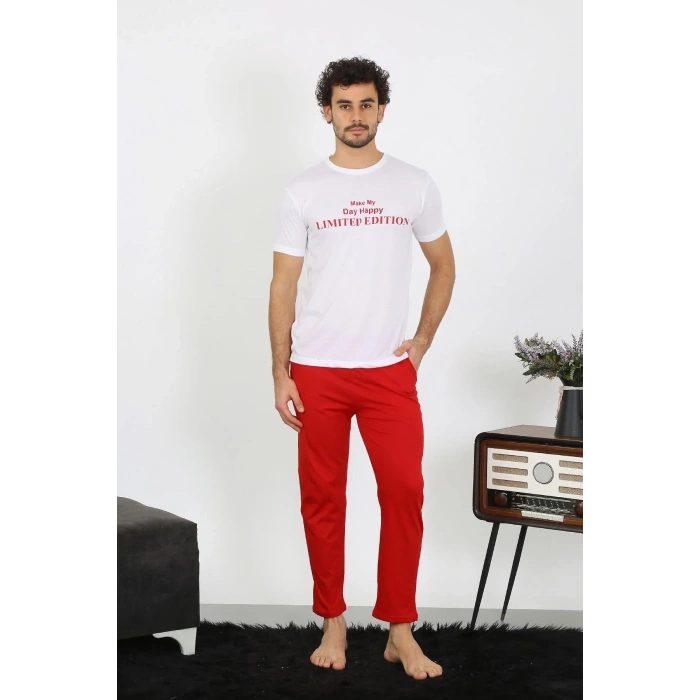Moda Erkek Kısa Kol Penye Beyaz Pijama Takımı