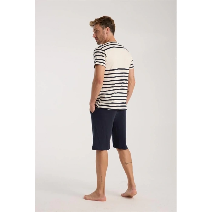 Moda Erkek Krem Sıfır Yaka Kısa Kol Şortlu Pijama Takımı