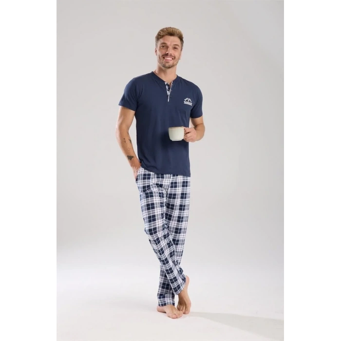 Moda Erkek Lacivert Düğmeli Yaka Kısa Kol Pijama Takımı