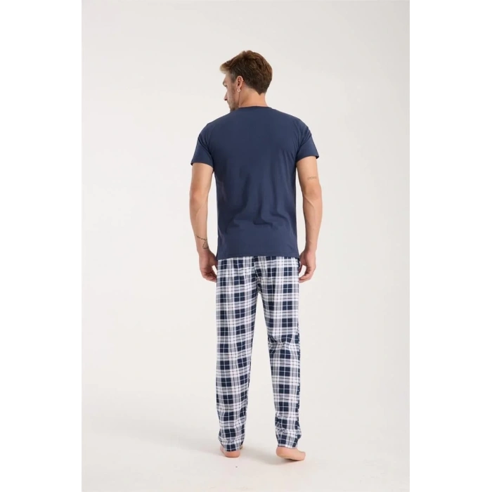 Moda Erkek Lacivert Düğmeli Yaka Kısa Kol Pijama Takımı