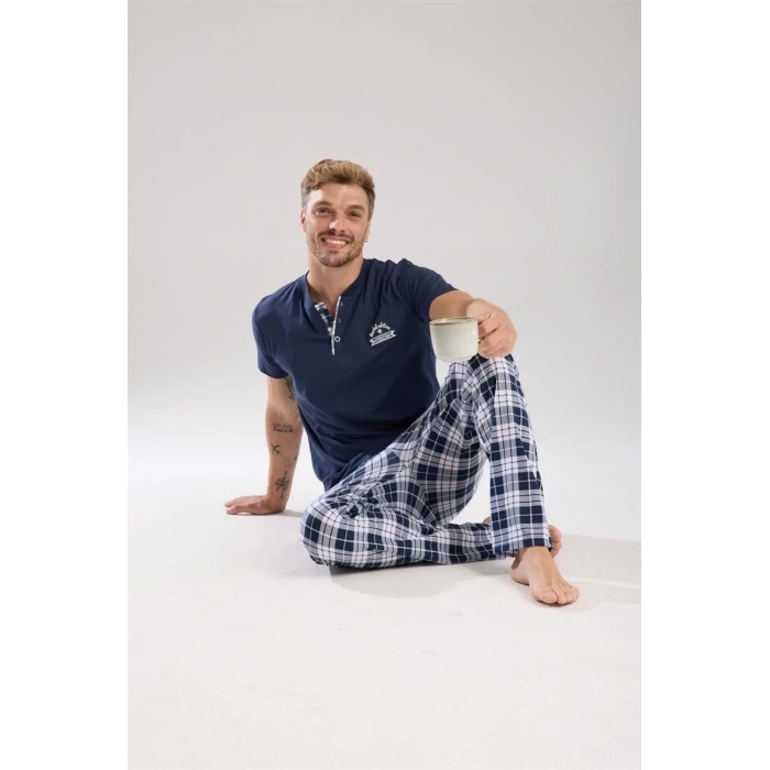 Moda Erkek Lacivert Düğmeli Yaka Kısa Kol Pijama Takımı