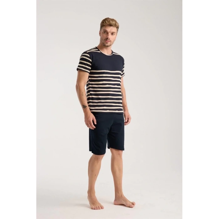 Moda Erkek Lacivert Sıfır Yaka Kısa Kol Şortlu Pijama Takımı