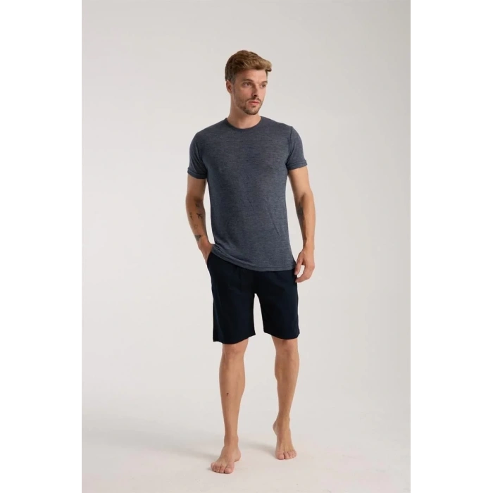 Moda Erkek Lacivert Sıfır Yaka Kısa Kol Şortlu Pijama Takımı