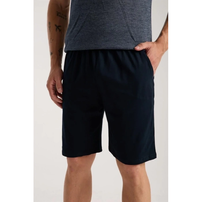 Moda Erkek Lacivert Sıfır Yaka Kısa Kol Şortlu Pijama Takımı