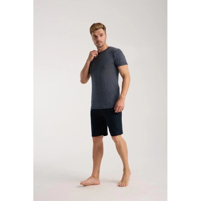 Moda Erkek Lacivert Sıfır Yaka Kısa Kol Şortlu Pijama Takımı