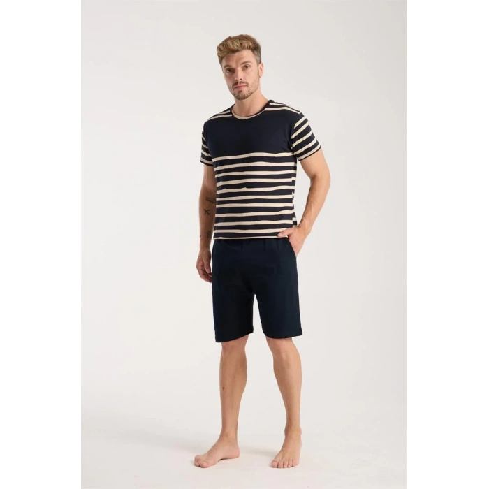 Moda Erkek Lacivert Sıfır Yaka Kısa Kol Şortlu Pijama Takımı