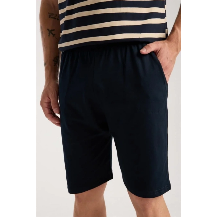 Moda Erkek Lacivert Sıfır Yaka Kısa Kol Şortlu Pijama Takımı