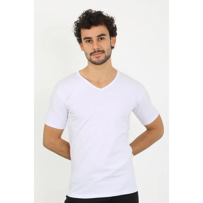 Moda Erkek Likralı V Yaka Beyaz T-Shirt