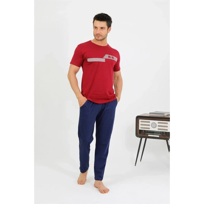 Moda Erkek Pamuk Kısa Kol Pijama Takım Bordo