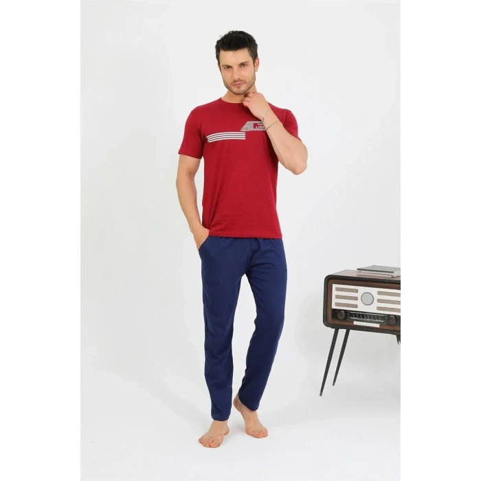 Moda Erkek Pamuk Kısa Kol Pijama Takım Bordo