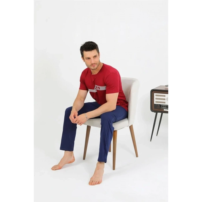 Moda Erkek Pamuk Kısa Kol Pijama Takım Bordo
