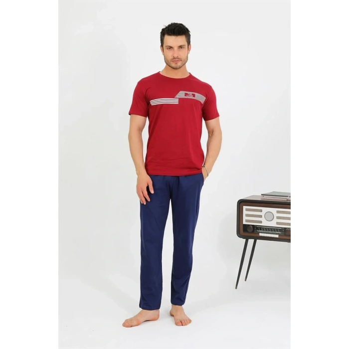 Moda Erkek Pamuk Kısa Kol Pijama Takım Bordo